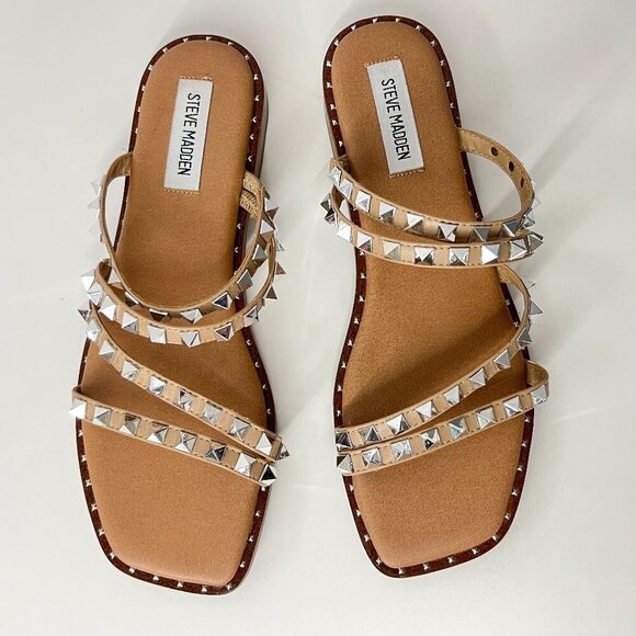 NWOT Sz 8.5 - Steve Madden Skyler Silver Stud 4-Strap Tan Slip-On Sandals - Picture 3 of 13